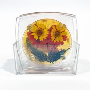 Vintage MCM Set Of 5 Lucite Acrylic Pressed Flower Plant Coasters w/Holder